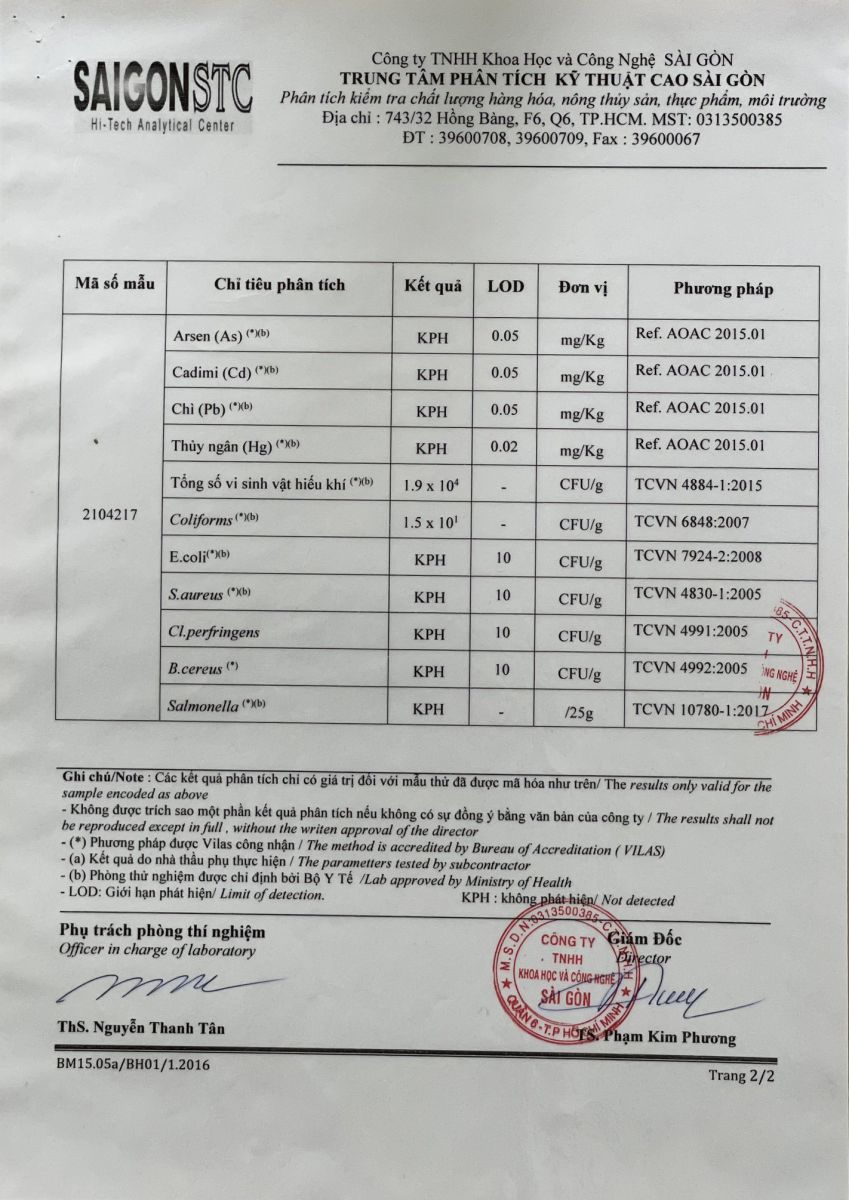 Giấy chứng nhận kiểm nghiệm chỉ tiêu an toàn vệ sinh thực phẩm Yến Sào Huỳnh Trâm